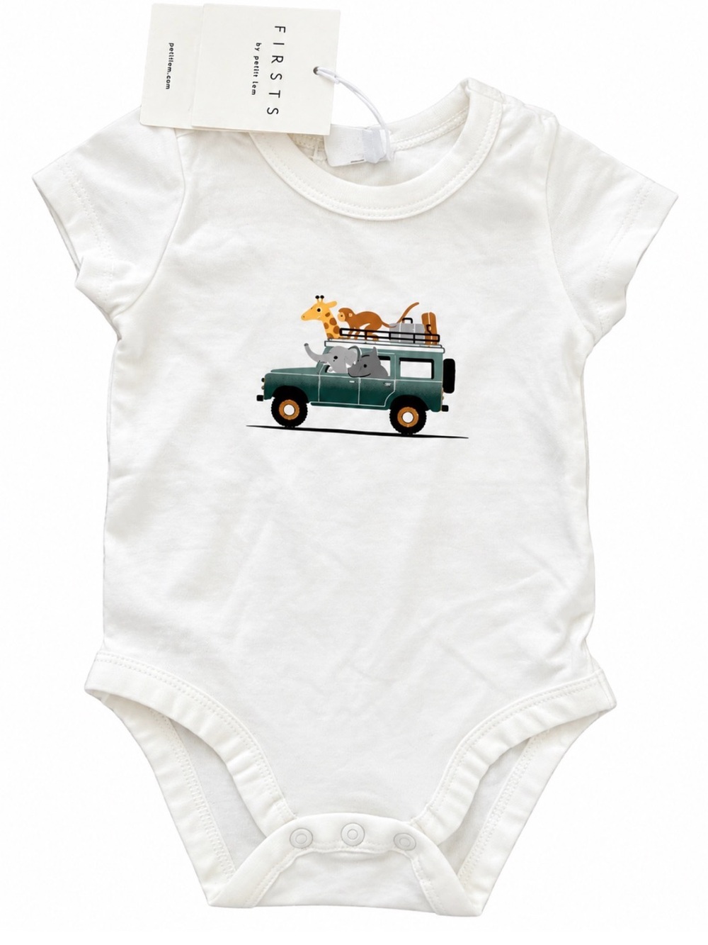 FIRSTS by Petit Lem Newborn Safari SUV Animal Bodysuit Off White NWT